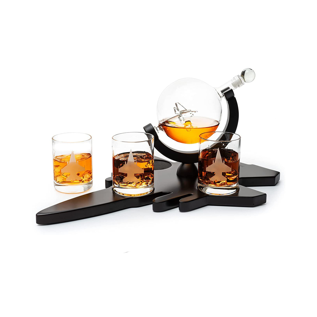 F16 Whiskey Decanter Set With 4 Fighter Jet Whiskey Glasses By