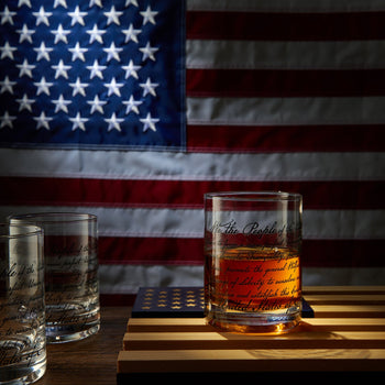 Whiskey Glasses – United States Constitution - Wood American Flag Tray & Set of 4 We The People 10oz America Glassware, Old Fashioned Rocks Glass, Freedom Of Speech Law Gift Set US Patriotic