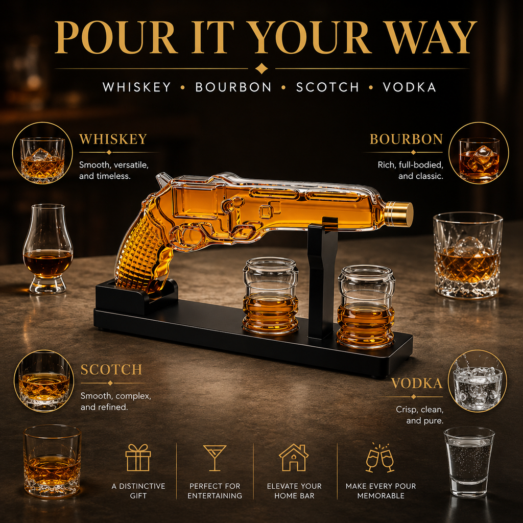 Whiskey Decanter Set 7 7 Oz With Two 1 6 Oz Shot Glasses Pistol Gun Unique Birthday Gift Ideas For S