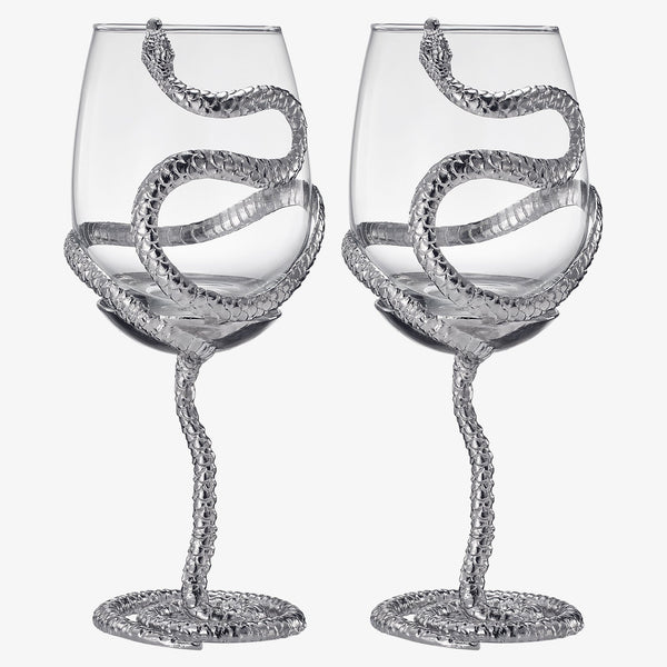 Stemmed Snake Wine Glass | Set of 2 | 19oz Spooky Reptile Glasses 10" H (Silver)