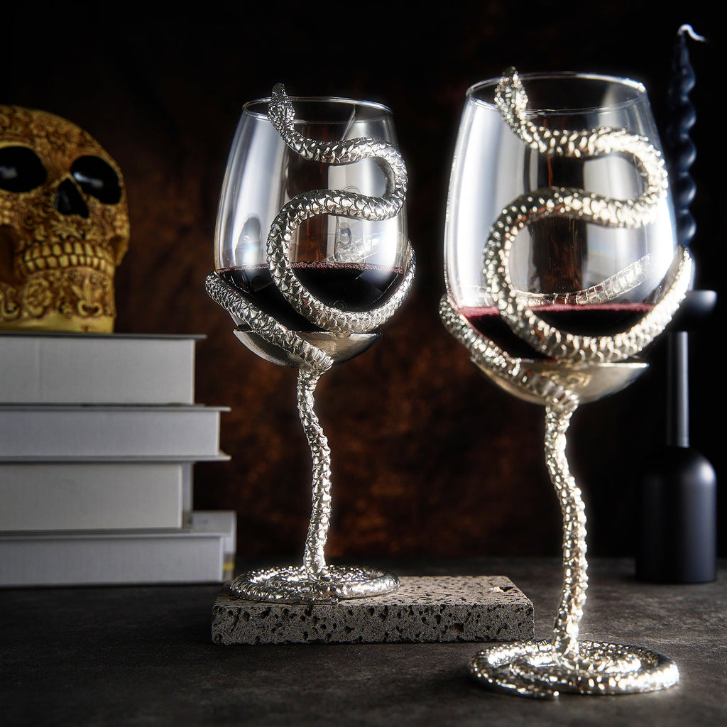 Stemmed Snake Wine Glass | Set of 2 | 19oz Spooky Reptile Glasses 10" H (Silver)