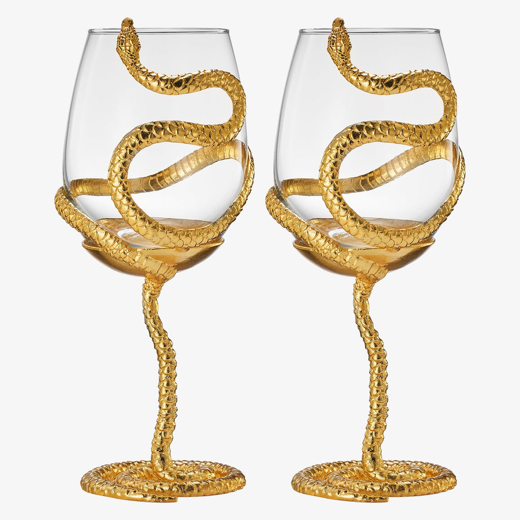 Stemmed Snake Wine Glass | Set of 2 | 19oz Spooky Reptile Glasses 10" H (Gold)