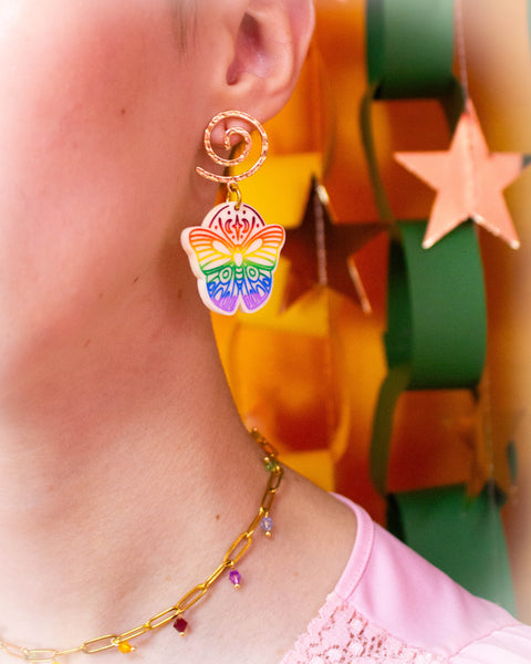 Moth Rainbow Pride Statement Dangle Earrings