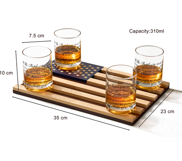 Whiskey Glasses – United States Constitution - Wood American Flag Tray & Set of 4 We The People 10oz America Glassware, Old Fashioned Rocks Glass, Freedom Of Speech Law Gift Set US Patriotic by The Wine Savant