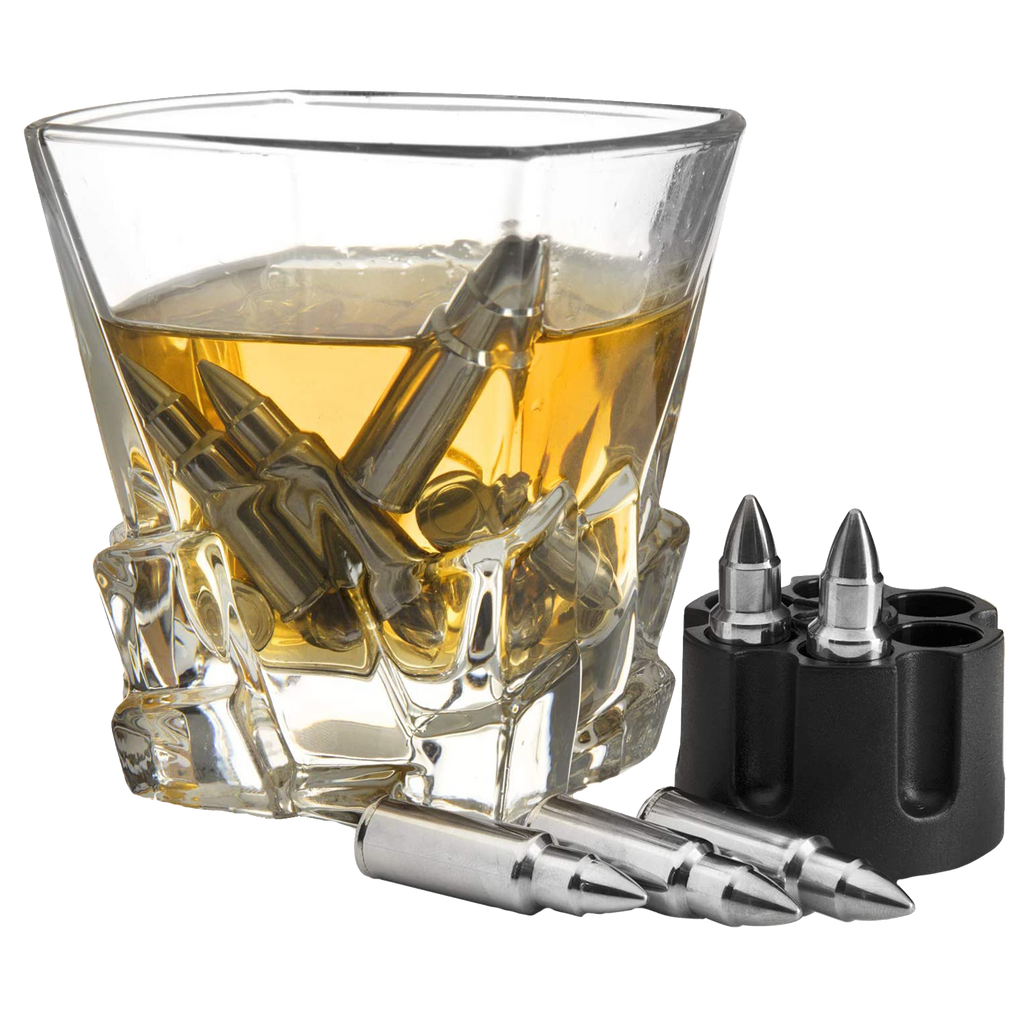 Whiskey Stones Bullets Stainless Steel - 1.75in Bullet Chillers Set of 6 Inside Realistic Revolver - Freezer Base, Made w/ Premium Stainless Steel, Large Reusable Chilling Ice Cube, Good for Whiskey