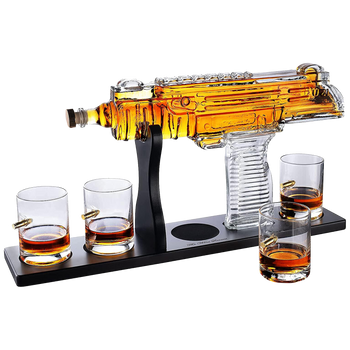 Uzi Submachine Gun Whiskey Gun Decanter and 4 Liquor Glasses