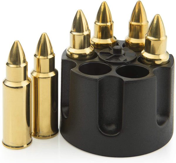 Whiskey Stones Bullets Stainless Steel - Bullet Chillers Set of 6 With Realistic Revolver Freezer Base Holder, Premium Stainless Steel (Gold) by The Wine Savant - Proud Libertarian - The Wine Savant