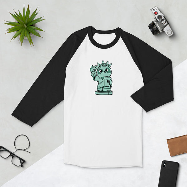 Sloth of Liberty Cartoon 3/4 sleeve raglan shirt - Proud Libertarian - Cartoons of Liberty