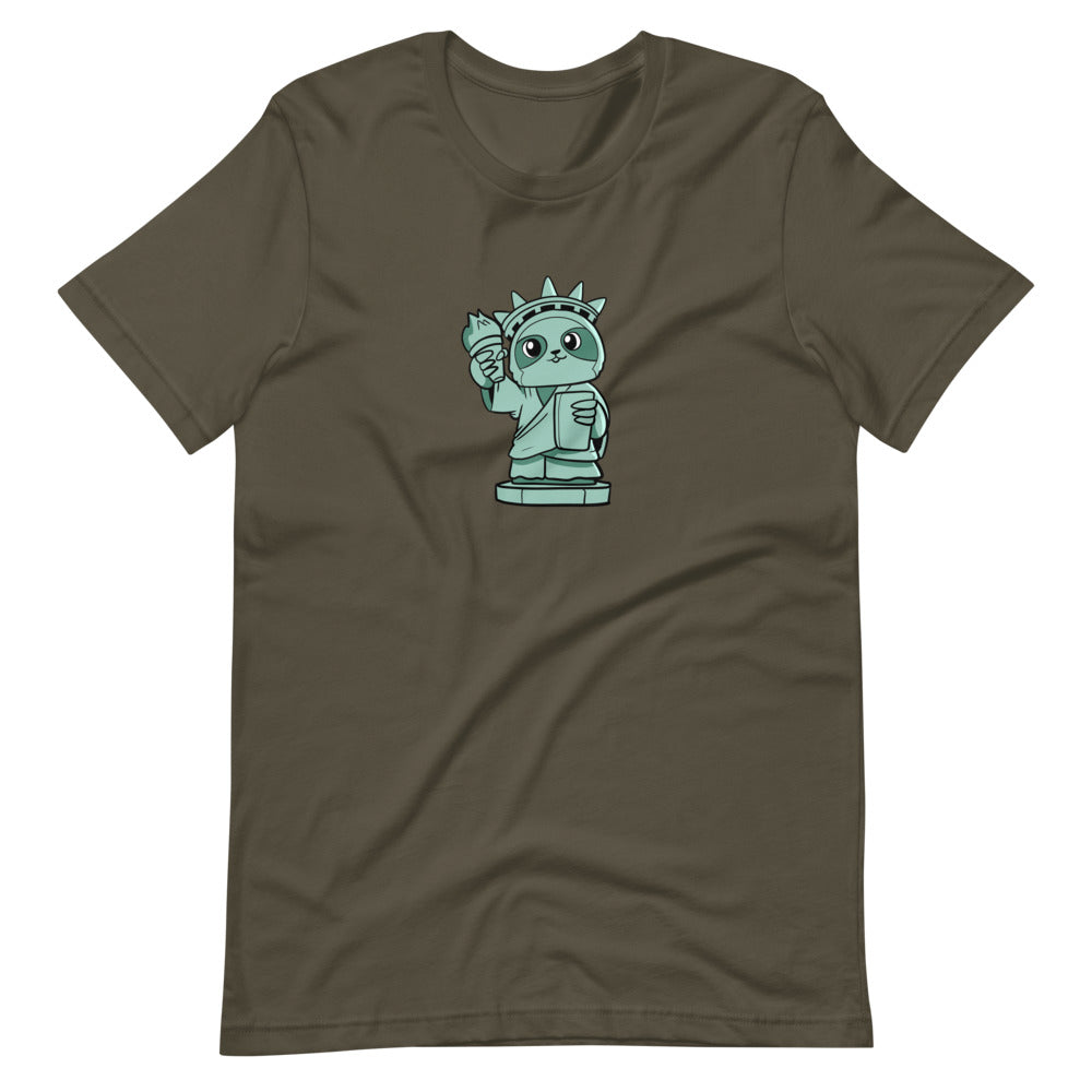 Sloth of Liberty Cartoon Short Sleeve Unisex T-Shirt - Proud Libertarian - Cartoons of Liberty