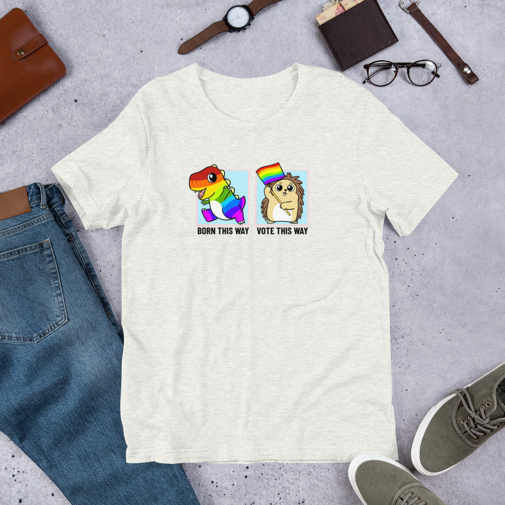 Born This Way / Vote This Way LGBT Pride Cartoon Porcupine and Dinosaur T-Shirt - Proud Libertarian - Cartoons of Liberty