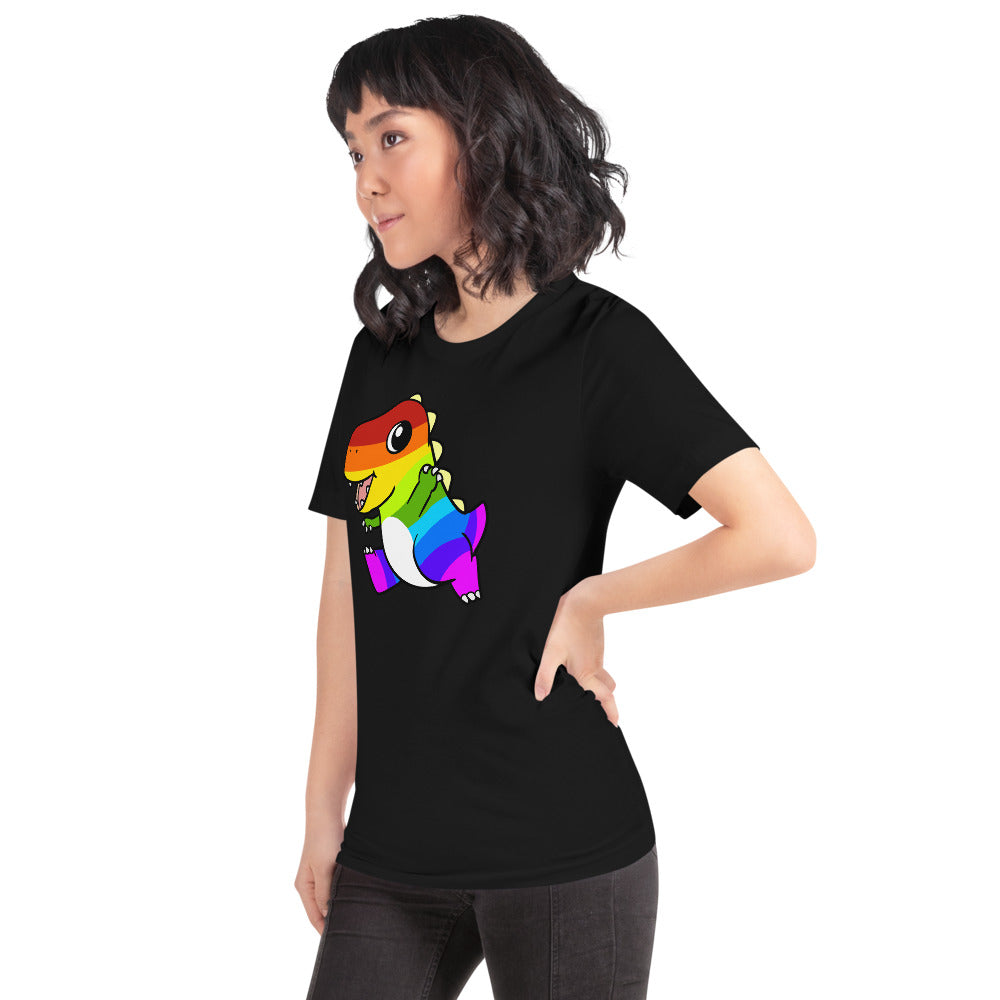 LGBTQ Tyrannosaurus Rex Cartoon Dinosaur Short-Sleeve Unisex T-Shirt - Proud Libertarian - Cartoons of Liberty