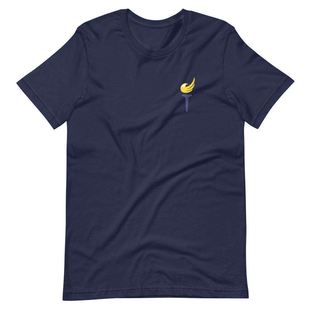 End the Monopoly - Go Gold (With Torch) Short-Sleeve Unisex T-Shirt - Proud Libertarian - Libertarian Party of Indiana - Morgan County