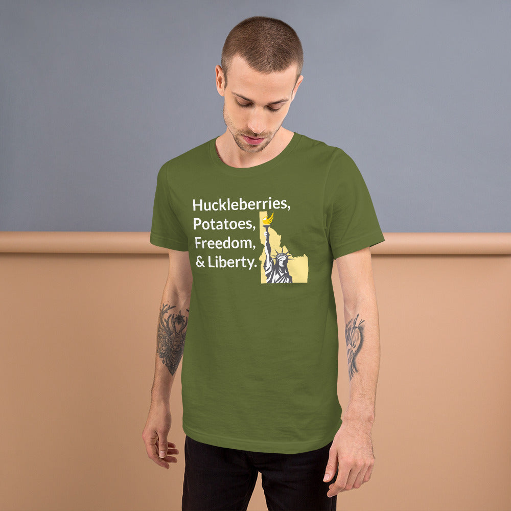 Huckleberries and Potatoes Short-Sleeve Unisex T-Shirt - Proud Libertarian - Libertarian Party of Idaho