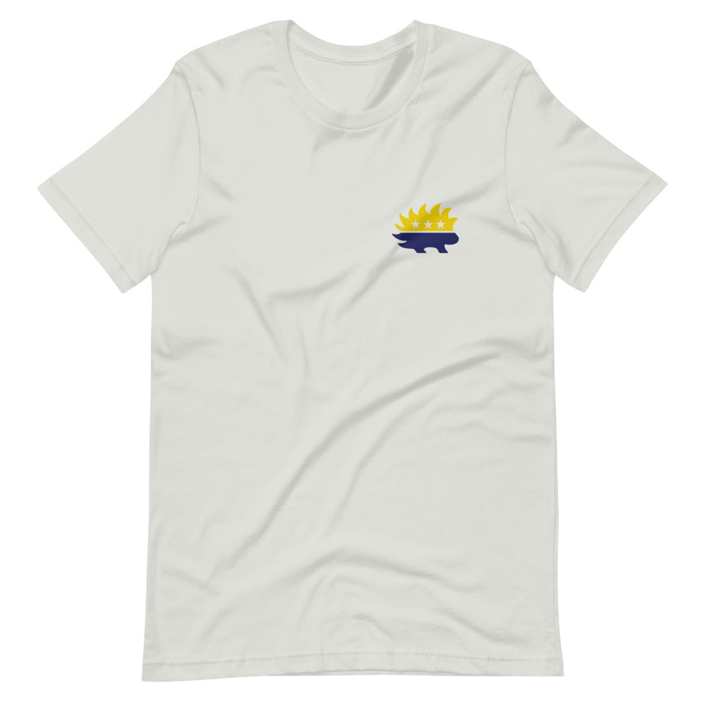 End the Monopoly - Go Gold (With Porcupine) Short-Sleeve Unisex T-Shirt - Proud Libertarian - Libertarian Party of Indiana - Morgan County