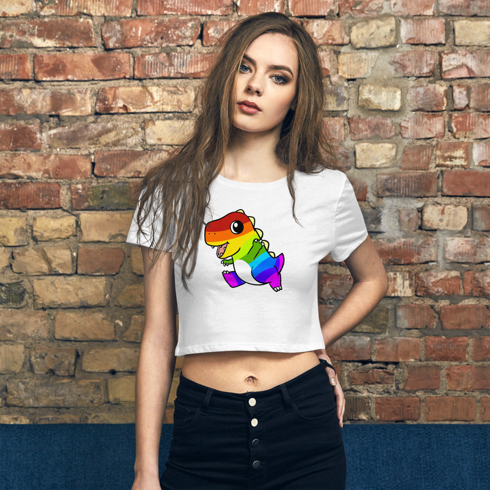 LGBTQ Tyrannosaurus Rex Cartoon Dinosaur Women’s Crop Tee - Proud Libertarian - Cartoons of Liberty